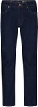 Rechte donkerblauwe jeans met ritssluiting en knoop.