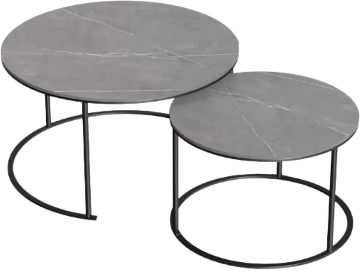 Ronde salontafel Venetia - Set van 2 - Marmer tafelblad - Bijzettafel woonkamer - Metalen poten - Grijs