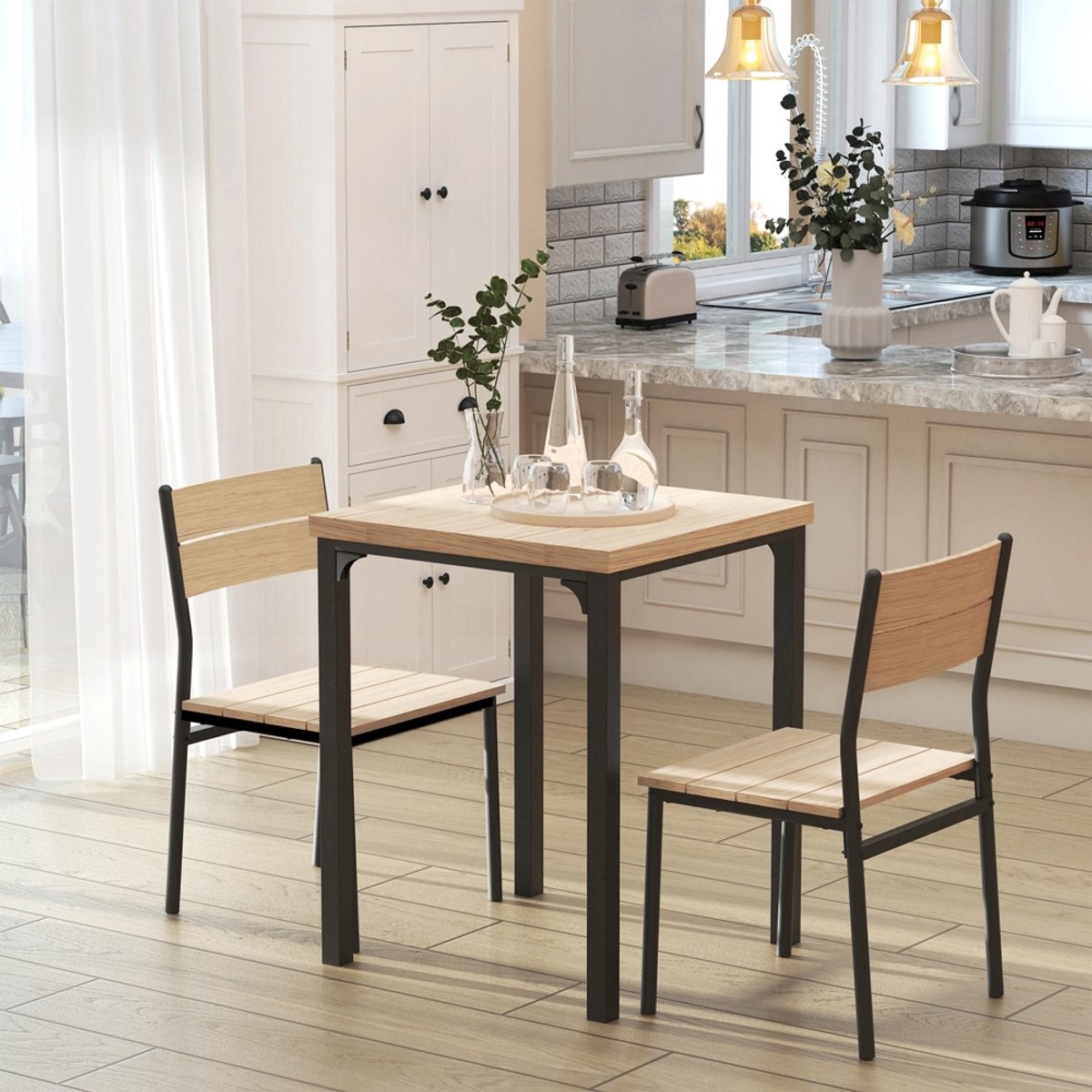 Sweiko Eettafel en stoelen set - 3-delig - Tafel + 2 stoel - Naturel + zwart