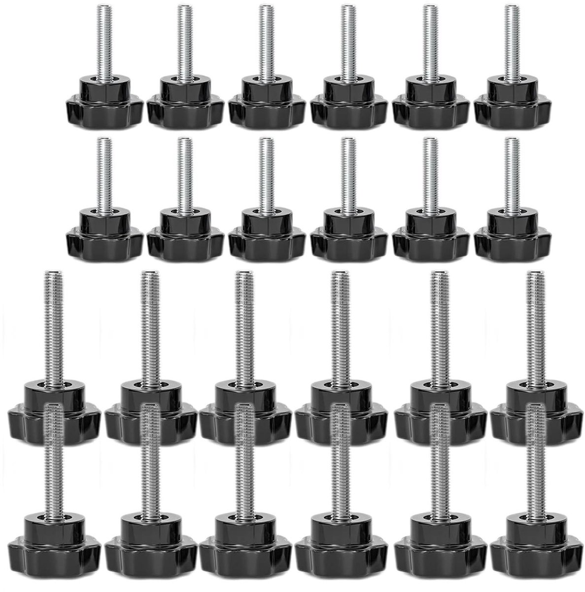 Allecto Premium - 24 gekartelde kopschroeven M6 en M8 x 40 mm voor industriële machines - Sterschroef - Draadstang met stergreep - Zwarte sterkop - Draaiknop