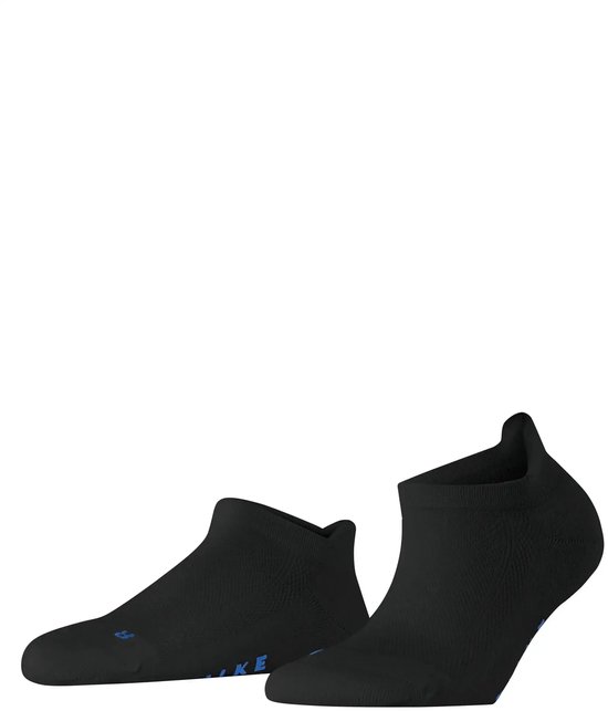 Zwarte Falke F-sign sokken, lage sneakersokken met blauwe Falke branding.
