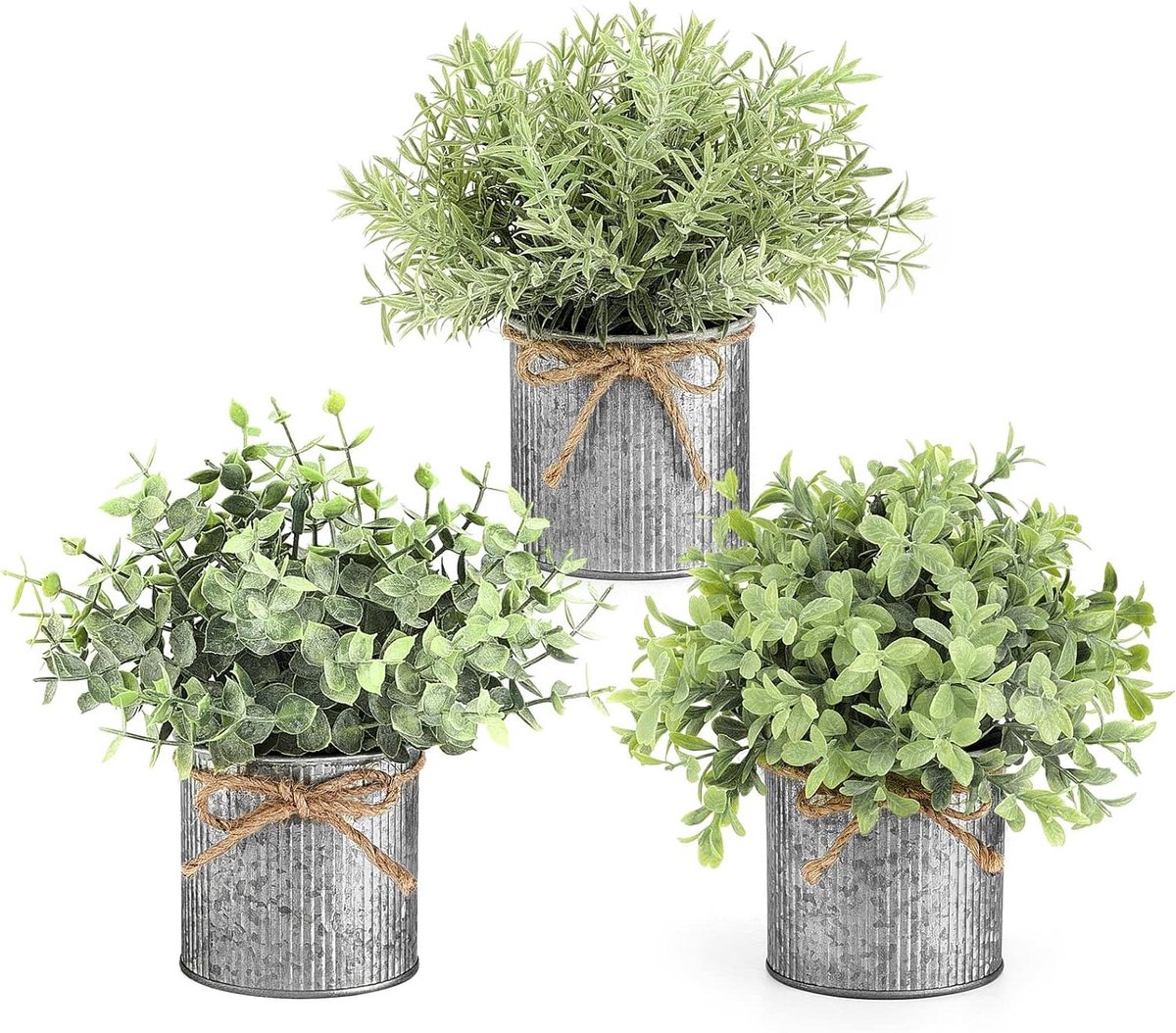 Allecto Premium - Mini nepplanten in metalen potten voor rustieke huisdecoratie - 3-pack kunstplanten - faux eucalyptus - voor binnen - eetkamer en kantoor