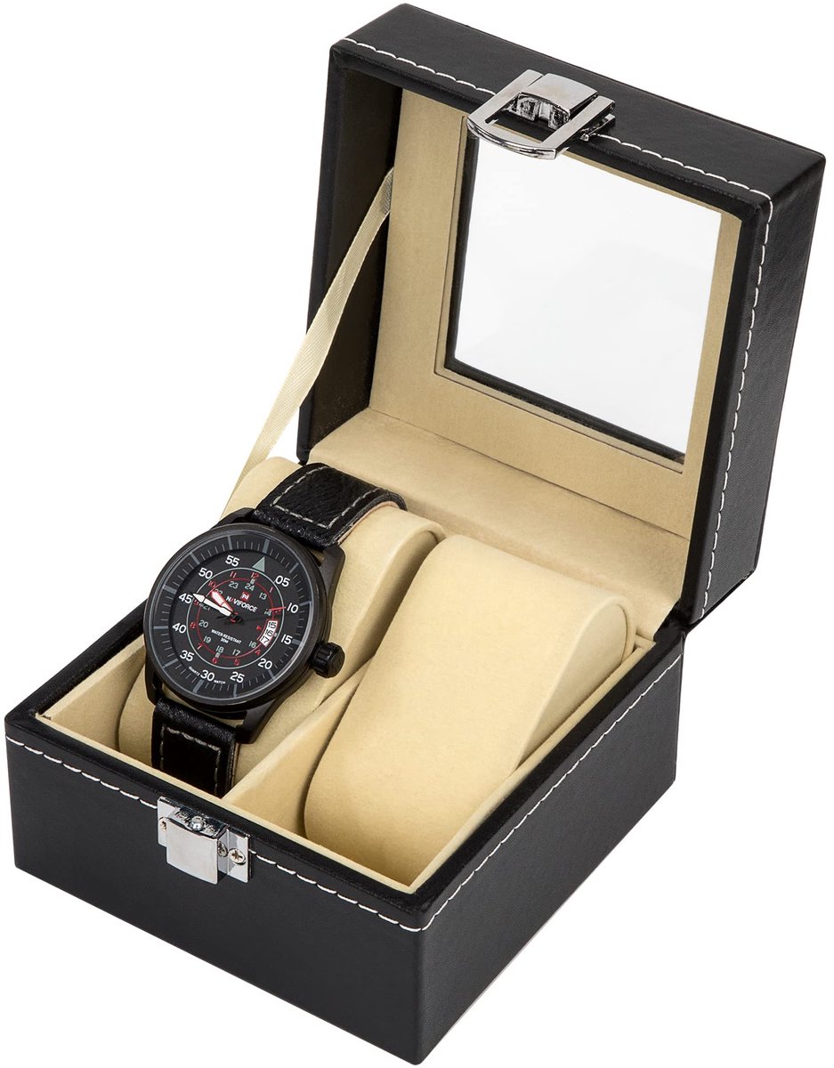 MengH-SHOP Horloge Opbergdoos PU Lederen Horlogedoos Opbergdoos 2 Compartimenten Horlogedoos met Glazen Deksel voor Opslag en Presentatie