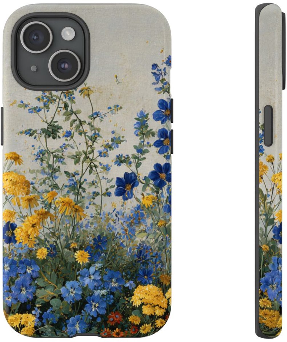 Blauwe en Gele Wilde Bloemen – Telefoonhoesje Geschikt voor iPhone 15
