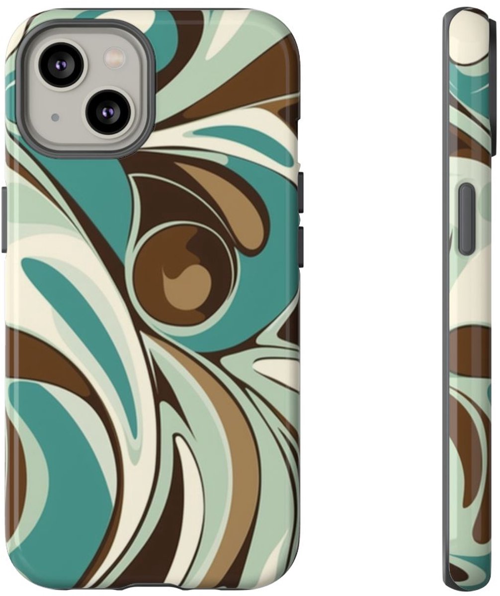 Abstracte Swirl in Teal en Bruin – Telefoonhoesje Geschikt voor iPhone 14