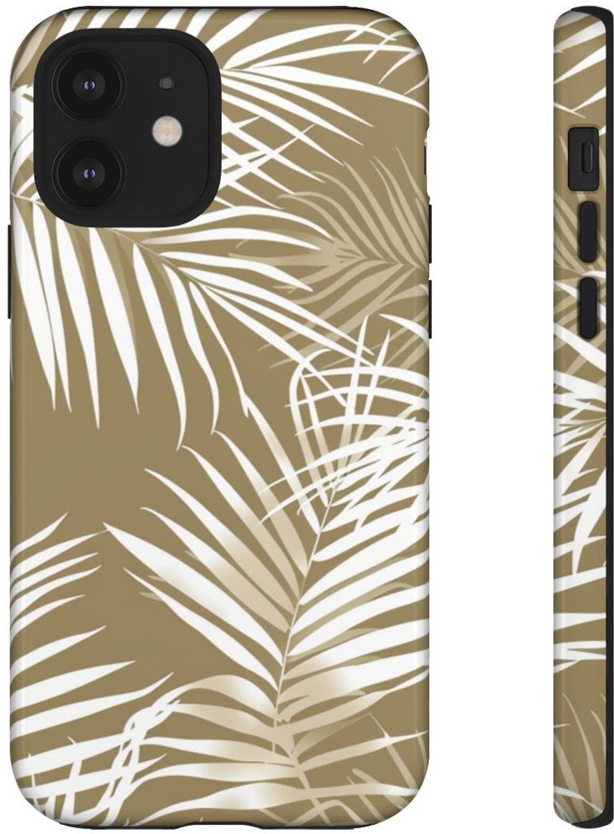 Witte Palmbladeren op Khaki Achtergrond – Telefoonhoesje Geschikt voor iPhone 12