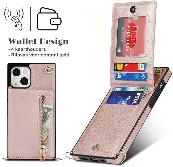 Roze goudkleurig telefoonhoesje met portemonnee-functie. 4 kaarthouders en ritsvak voor contant geld.