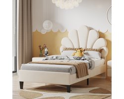 Gestoffeerd bed met bloemvormig hoofdbord en lattenbodem 90x200 cm, Kinderbed, Eenpersoonsbed, Prinsessenbed, Fluweel, Beige. zonder matras