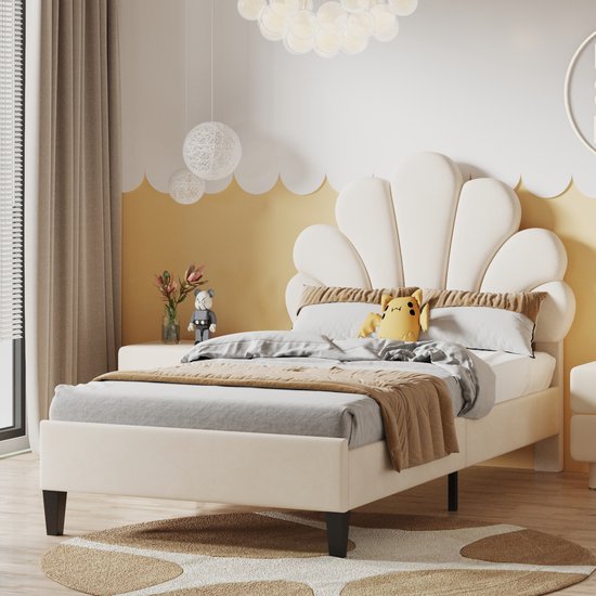 Lit tapissé avec tête de lit en forme de fleur et sommier à lattes 90x200 cm, Lit enfant, Lit simple, Lit princesse, Velours, Beige. sans matelas