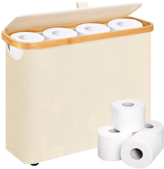 Toiletrolhouder opbergstandaard, toiletrol opbergmand met deksel voor mega- rol, bamboe toiletpapier opberghouder organizer vrijstaand voor badkamerkast, toiletrol opbergdoos, grijs