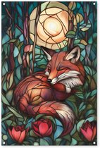 Tuinposter 80x120 cm - Tuindecoratie Vos - Mozaïek - Bos - Maan - Poster voor in de tuin - Buiten decoratie - Schutting tuinschilderij - Tuindoek muurdecoratie - Wanddecoratie balkondoek