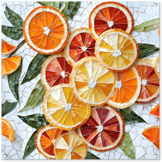 Tuinposter 100x100 cm - Tuindecoratie Schijfjes - Fruit - Oranje - Mozaïek - Poster voor in de tuin - Buiten decoratie - Schutting tuinschilderij - Tuindoek muurdecoratie - Wanddecoratie balkondoek