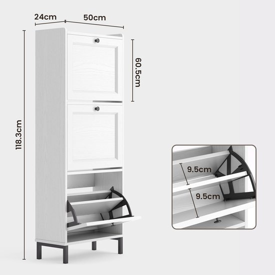 Afmetingen van een witte schoenenkast met 3 klapdeuren. Getoonde maten: 118,3cm hoog, 50cm breed, 24cm diep.
