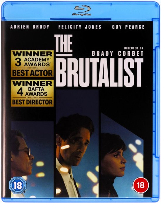 Voorkant van de Blu-ray hoes van de film 'The Brutalist' met Adrien Brody, Felicity Jones en Guy Pearce.