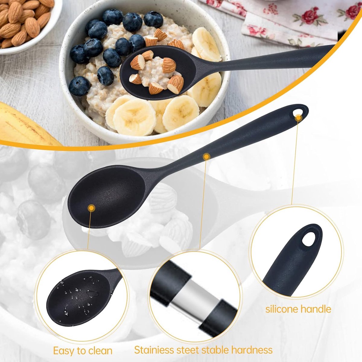 GEEKHOM Lot De 4 Cuillères En Silicone Anti-Adhésives - Résistantes à 220°C - Pour Mélanger, Servir - Noir