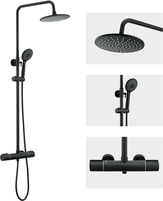 Auralum max- Regendouche met Thermostaatkraan - Regendouche en Handdouche - 9 inch Douchekop - Rond Design - Zwart