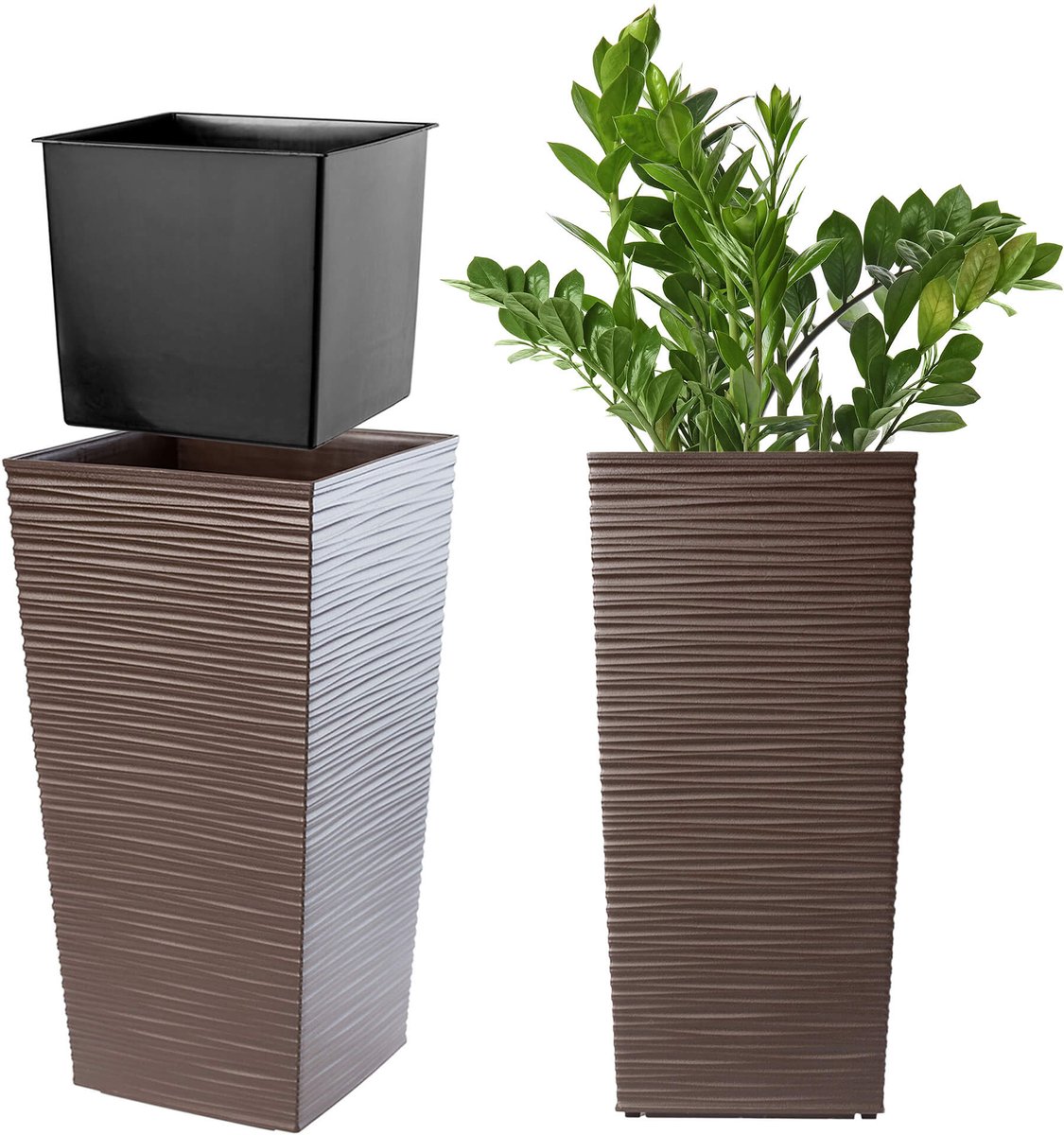 KADAX Bloempot, bloembak van kunststof, plantenbak voor bloemen, binnen en buiten, tuin, balkon, terras, huis, weerbestendig, rotan imitatie (36,5 cm hoogte, mokka)