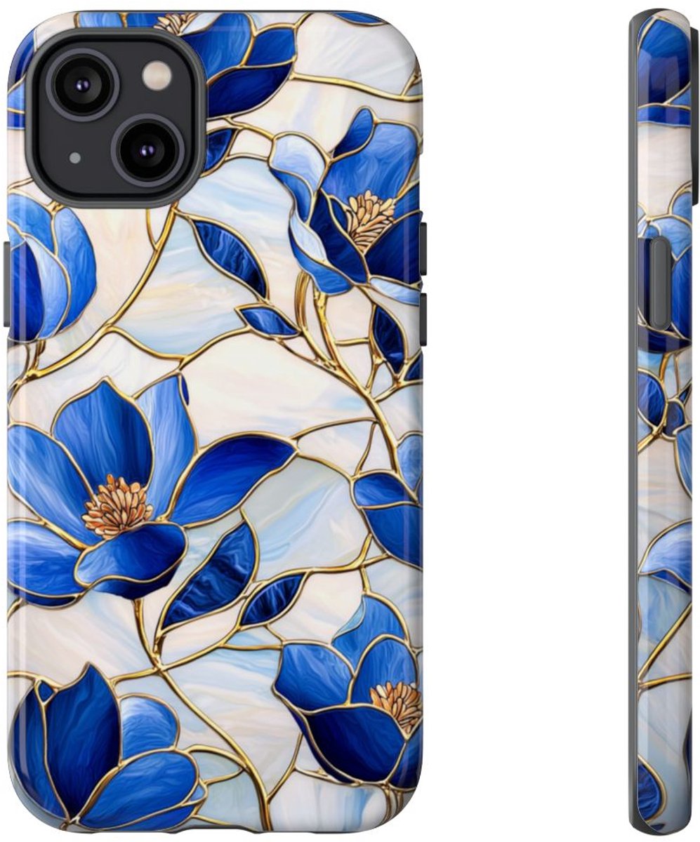 Blauw Gebloemd Glas-in-loodpatroon – Telefoonhoesje Geschikt voor iPhone 14 Plus