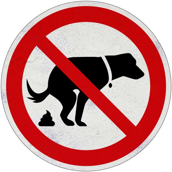 Panneau rond d'interdiction : cercle rouge avec barre oblique, chien noir déféquant