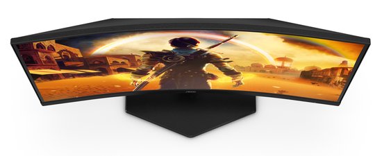Gebogen 23,6" monitor met spelafbeelding, gezien van bovenaf.