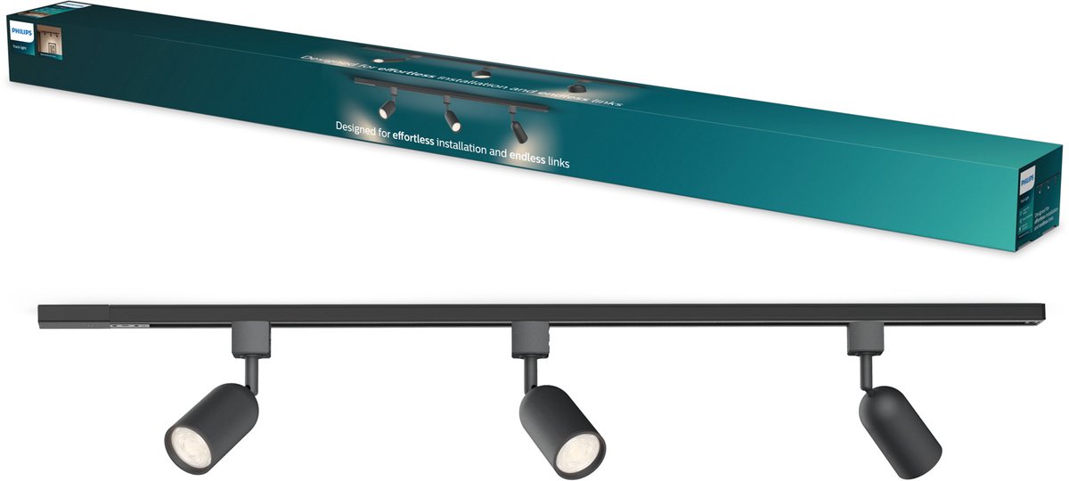Philips EasyLink Shea Starterkit - 3 Spots op 1 meter rail - GU10 fitting - Maximaal wattage: 7W - Zwart - 3-pack - Railverlichting