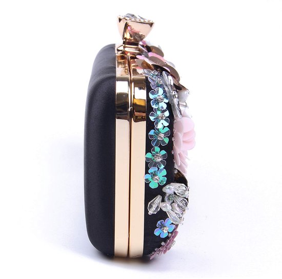 Fecialy Dames avondtas bloemen satijn clutch tassen met ketting rozenpatroon portemonnee party prom handtassen, zwart, 13 cm