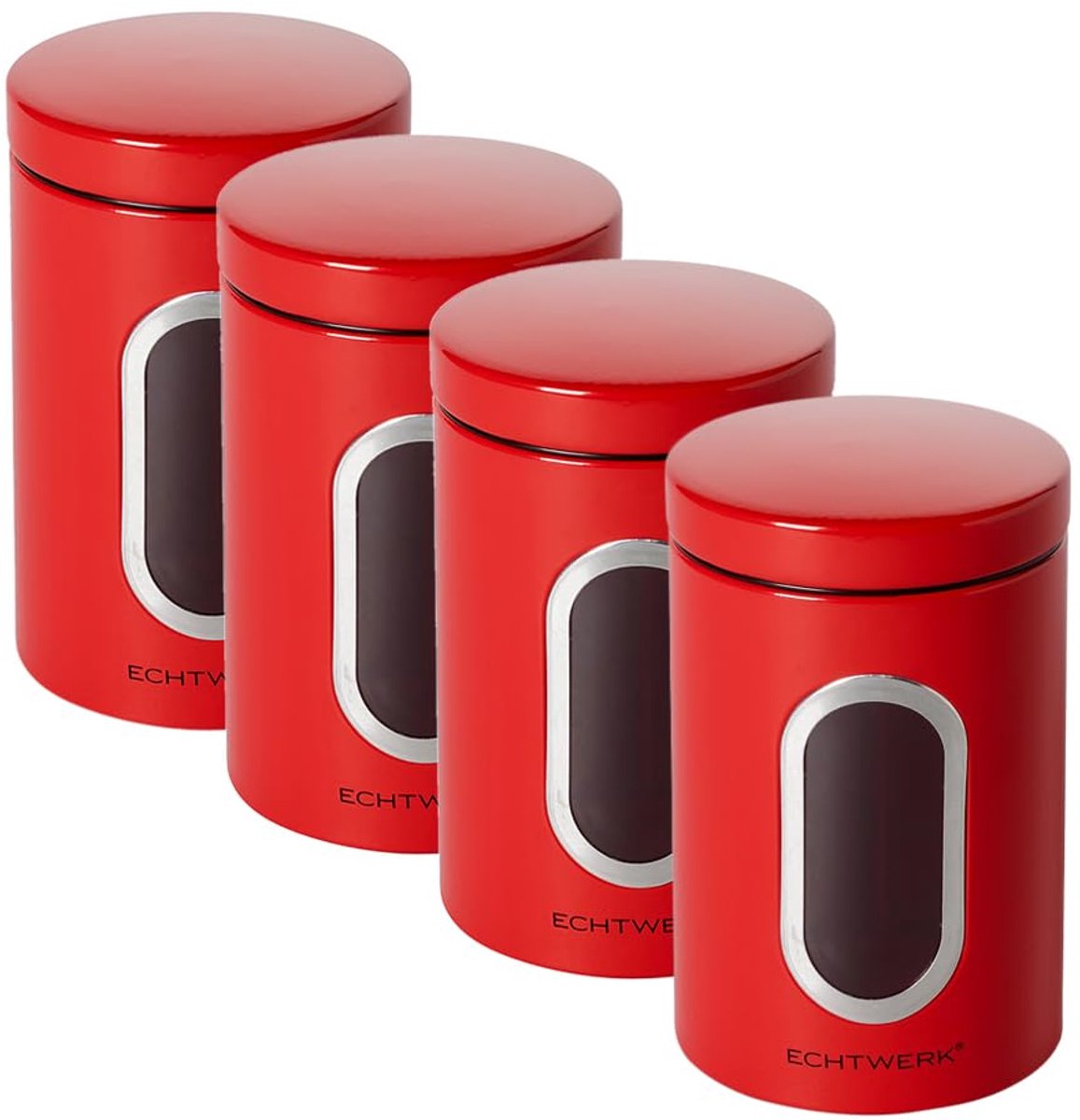 ECHTWERK Stijlvolle Opbergdozen Set van 4 - Rood, Opbergdoos, Opbergdoos, Voor het bewaren van meel/suiker/granen/thee, Metalen blik met luchtdichte deksel en groot kijkvenster