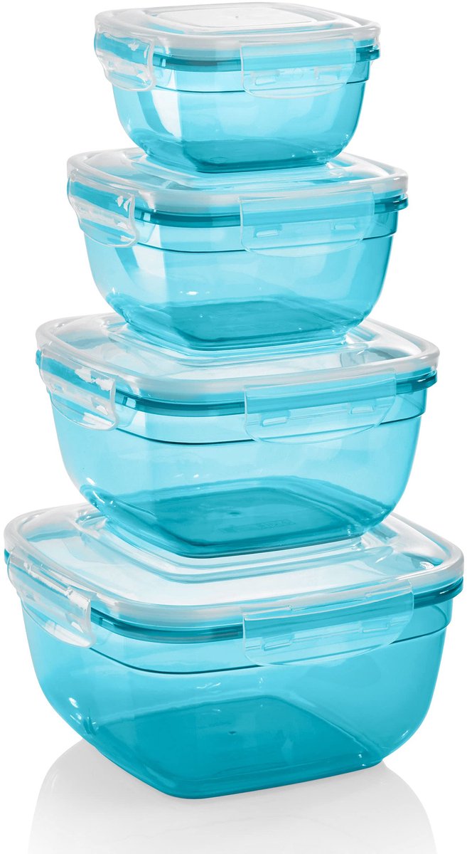 Grizzly set van 4 voedselcontainers (0,5L, 0,9L, 1,5L, 2,4L), vierkant, kunststof, 100% luchtdicht/waterdicht, magnetronbestendige opslagcontainers, benzine