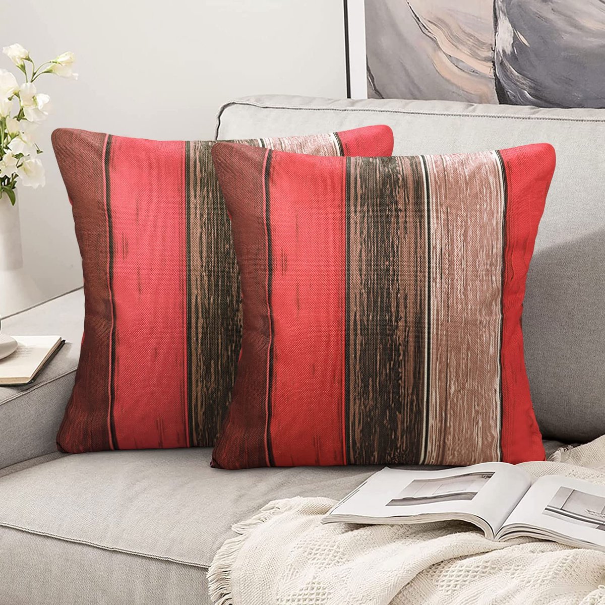Ibenzoa Kussensloop Set van 2 met Houten Strepenpatroon in Rood, Oranje en Grijs voor Bank en Balkon