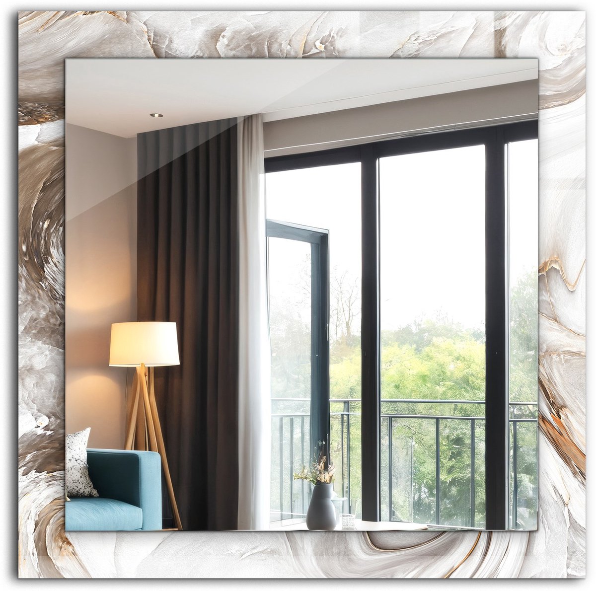 Tulup Spiegel - Spiegel op gehard Glas - Vierkante Spiegel - Abstract marmerpatroon - 60 x 60 cm - Spiegel met een sierlijk motief - Badkamerspiegel - Gangspiegel - Eetkamer - Make-up Spiegel - Woonaccessoires - Glazen spiegel
