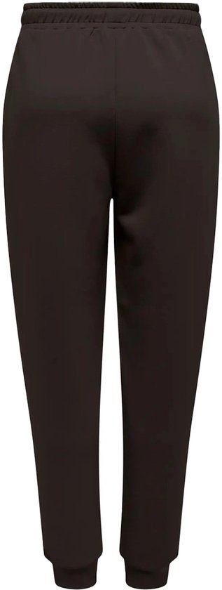 Achterkant van een donkerbruine joggingbroek met elastische tailleband en boorden.