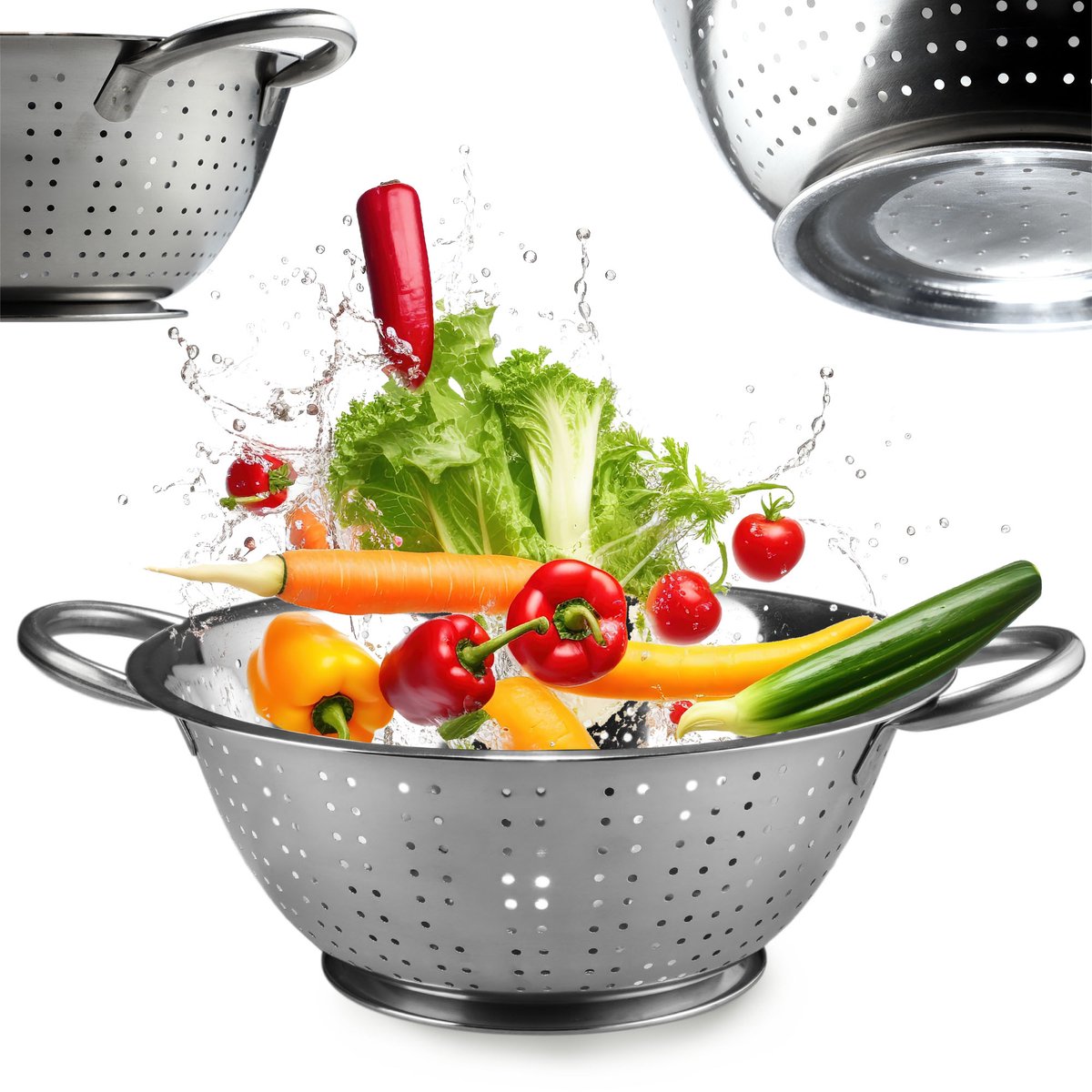 KADAX Noedelzeef van roestvrij staal, doorslag, vergiet, zeef voor de keuken, keukenzeef, afdruipzeef, slazeef met handgrepen, slazeef, filter, vaatwasmachinebestendig (23 cm)