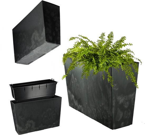 Jardinière Kadax, plastique, 5 couleurs, pot de fleurs, avec bandes d'irrigation, jardinière de balcon, avec insert, jardinière, pour l'extérieur, rectangulaire, motif losanges, 18,5 x 55,7 cm, noir
