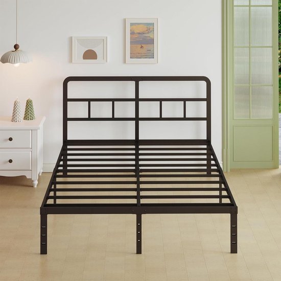 Lutown-Teen Bedframe 140x200 cm met Gebogen Goofdbord, Zware Metalen Bedframe 46 cm Hoog met Stalen Latten, Opslagruimte onder Het Bed, Eenvoudige Montage, Geluidsvrij, Wit