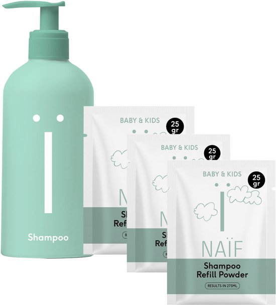 Naïf - Waterless fles (Gratis) & 3 Shampoo Navulpoeders - 275ml + 25gr