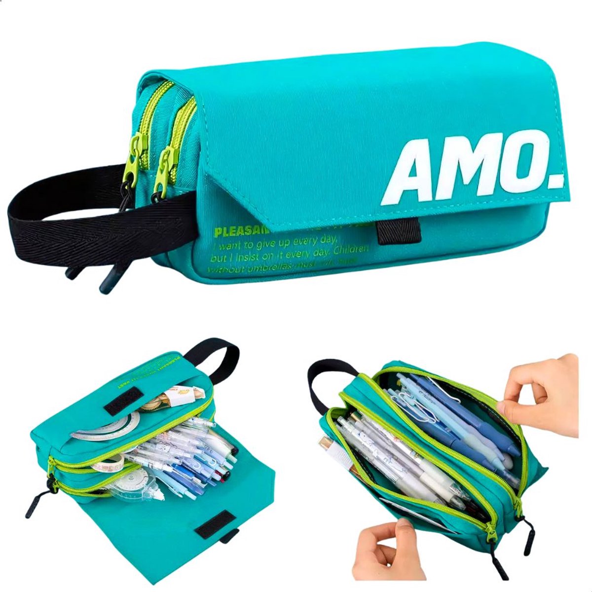 Ainy - Amour Etui Turquoise | Pennezak jongens & meisjes | Opbergtas voor pennen | Middelbare schoolspullen voor kinderen | kantoorartikelen voor volwassenen | Canvas materiaal | 3 vakjes