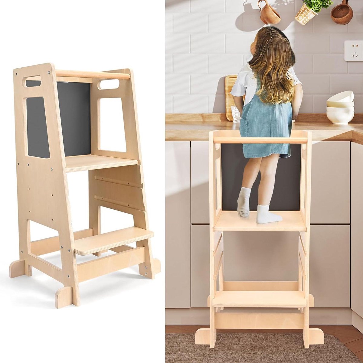 Observation Tower for Children | 3 Adjustable Heights, Kitchen Aid with Board | Learning Tower for Babies | Natural Wood Learning Tower