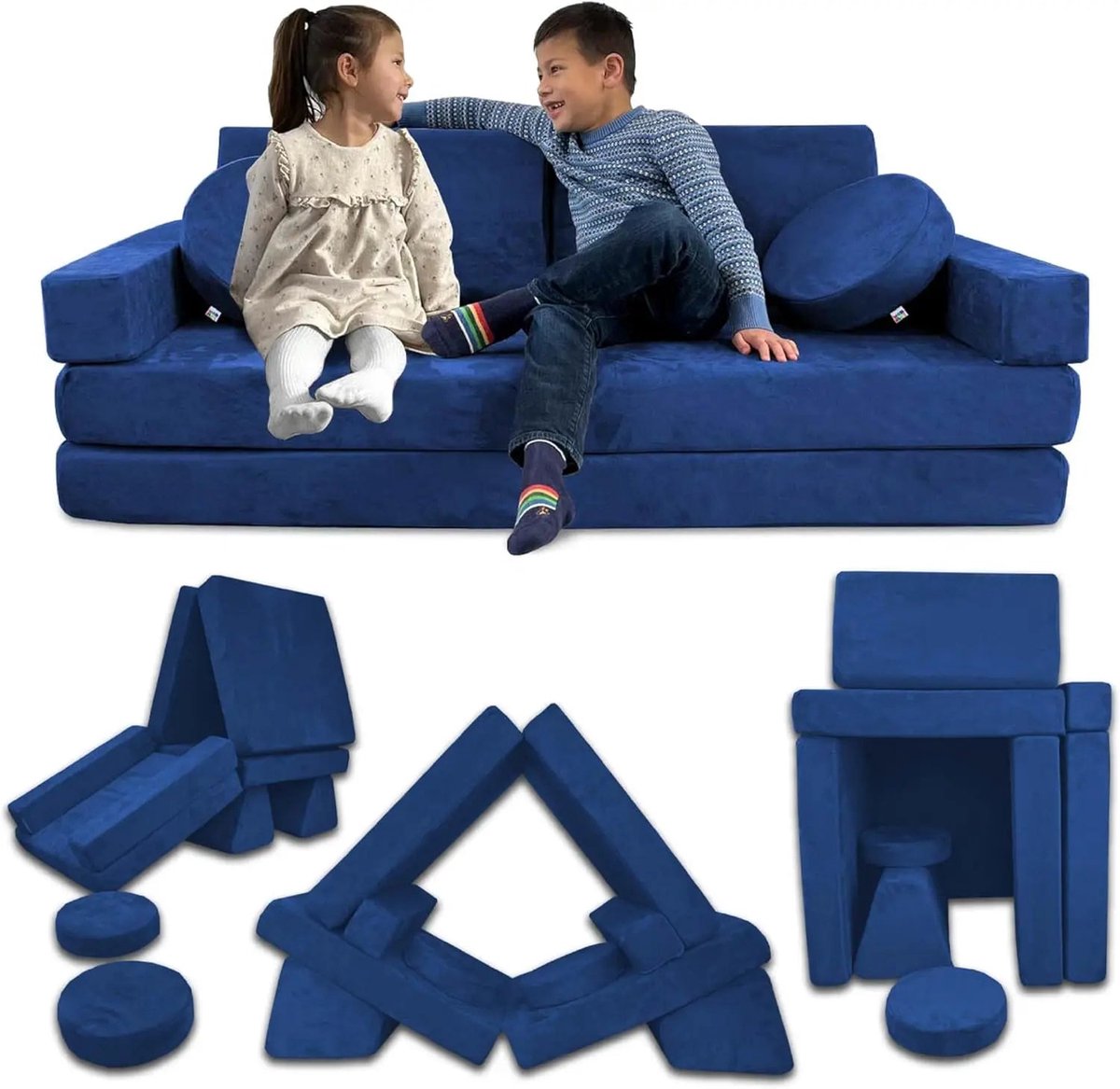 Zetel - Kinderbank - Kinderzetel - Fortplay Meubel - Bank - Modulaire - Bankje - Sectie Sofa - voor Slaapkamer en Speelkamer – Converteerbare Schuim & Vloerkussen - Blauw