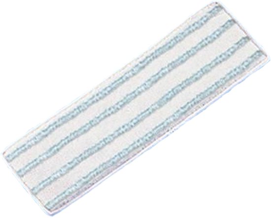 Een rechthoekige witte mopdoek met horizontale turqoise strepen.
