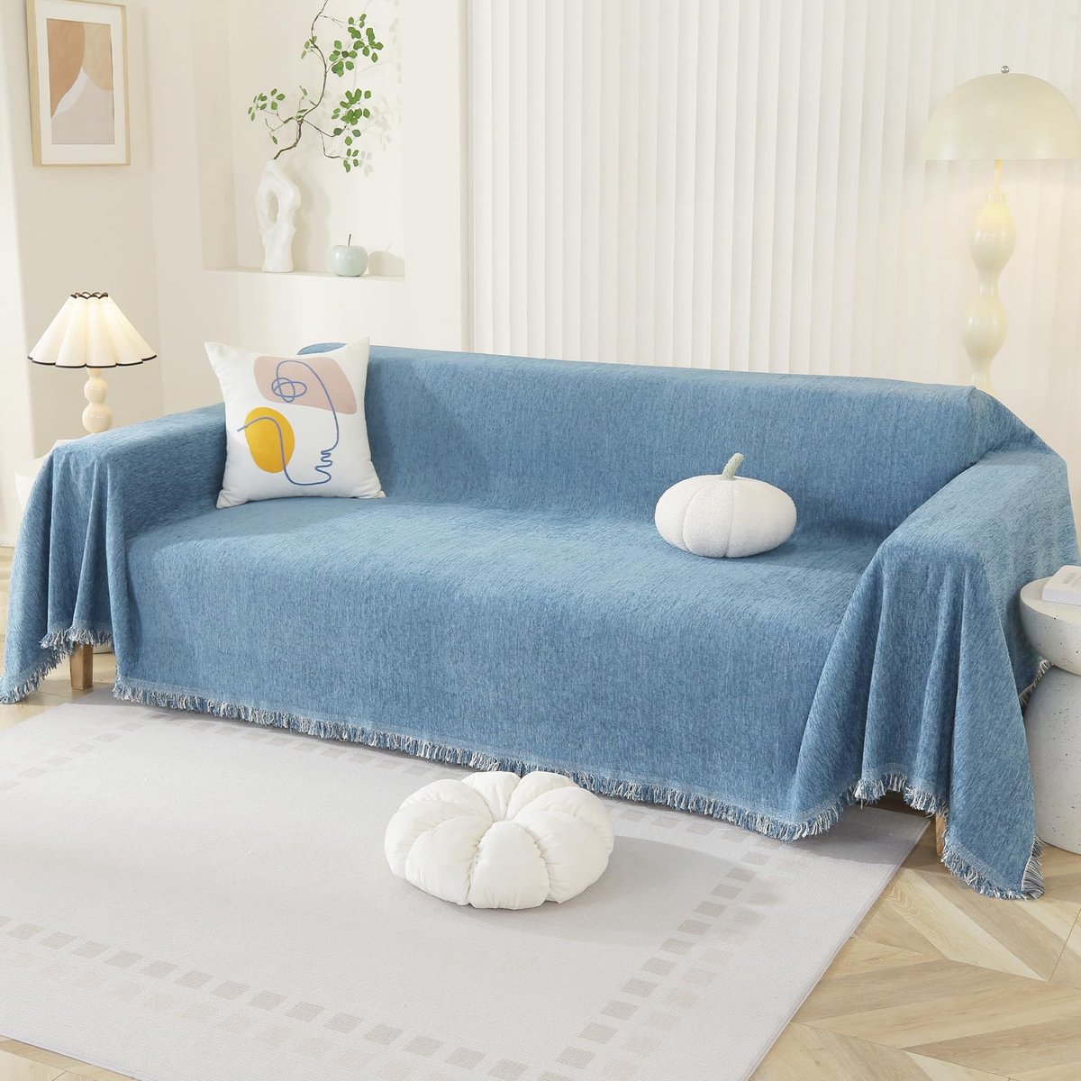 Ibenzoa Luxueuze Boho Chenille Bankhoes voor 2-3-4-Zits L-Vormige Banken met Kwastjes in Saffierblauw, 180 x 340 cm