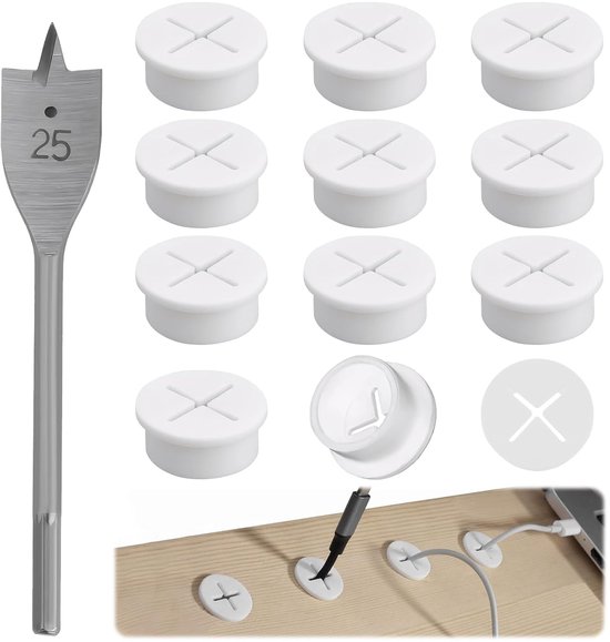Kabeldoorvoer van flexibele siliconen, 25 mm, zwart-wit, bureau, ronde tafel, kunststof, kabeldoorvoer voor kantoor en woonaccessoires (met 1 boor