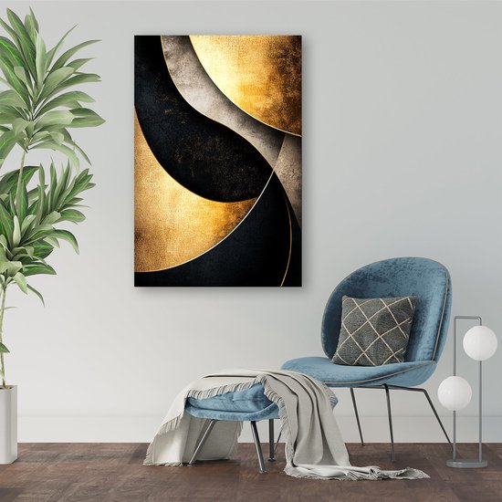 Gouden en zwarte abstracte vormen - Goud glasschilderij - Muurkunst vormen - Abstracte kunst - Schilderij op acrylglas - Slaapkamer decoratie - Glasschilderij 100x150 cm