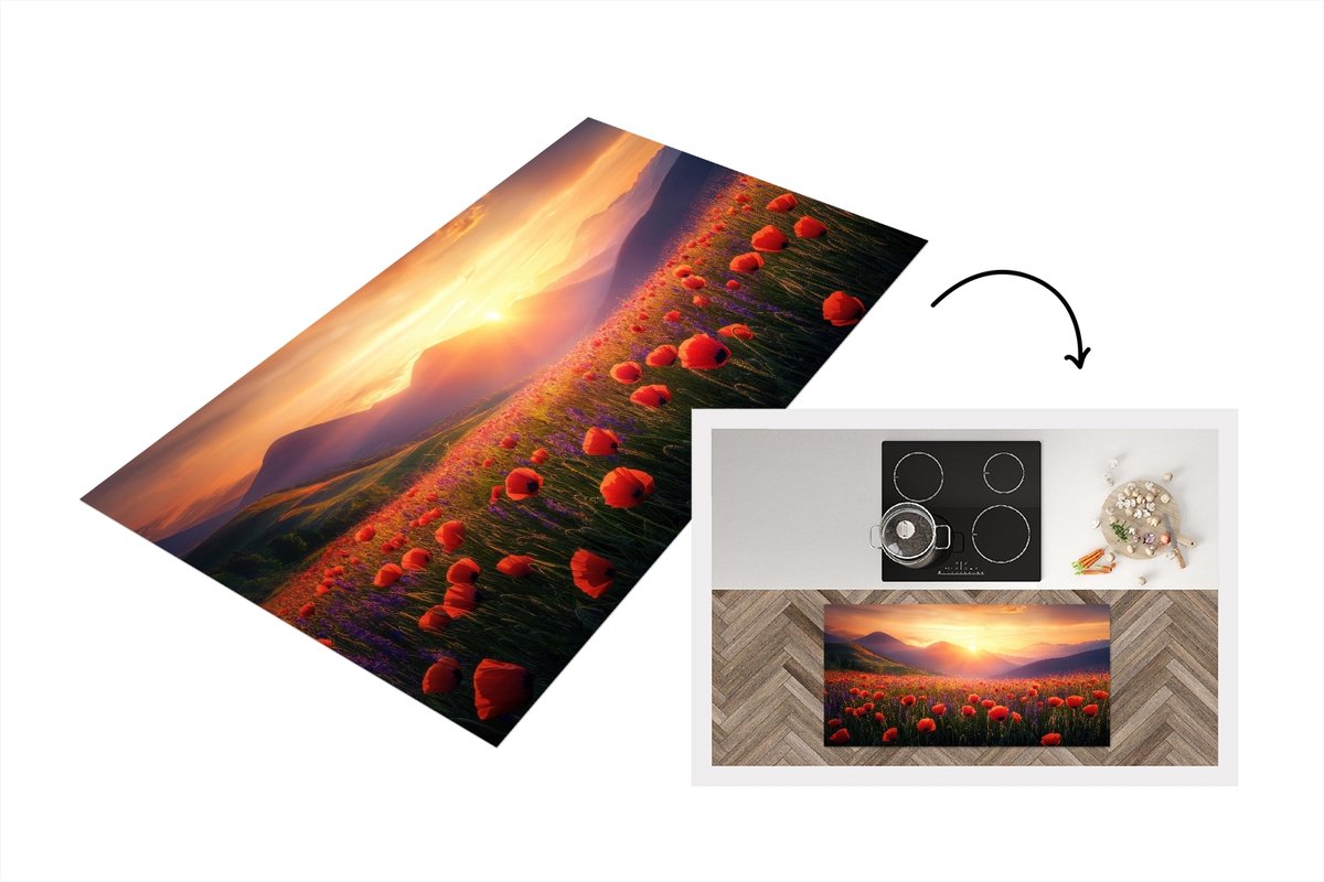 KitchenYeah Keukenloper 120x60 cm - Keukenmat vinyl Landschap - Zonsondergang - Bloemenveld - Keukenmatten loper - Keuken vloerkleed tapijt Bloemen - Klaprozen