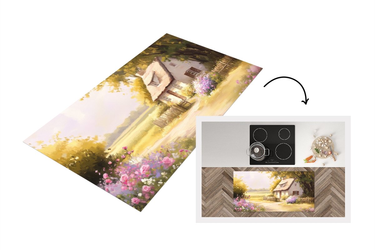 KitchenYeah Keukenloper 120x60 cm - Keukenmat vinyl Huisje - Hout - Bloemen - Keukenmatten loper - Keuken vloerkleed tapijt Landschap - Huisje