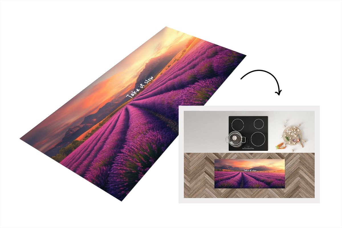 KitchenYeah Keukenloper 120x50 cm - Keukenmat vinyl Lavendelveld - Quote - Zonsondergang - Keukenmatten loper - Keuken vloerkleed tapijt