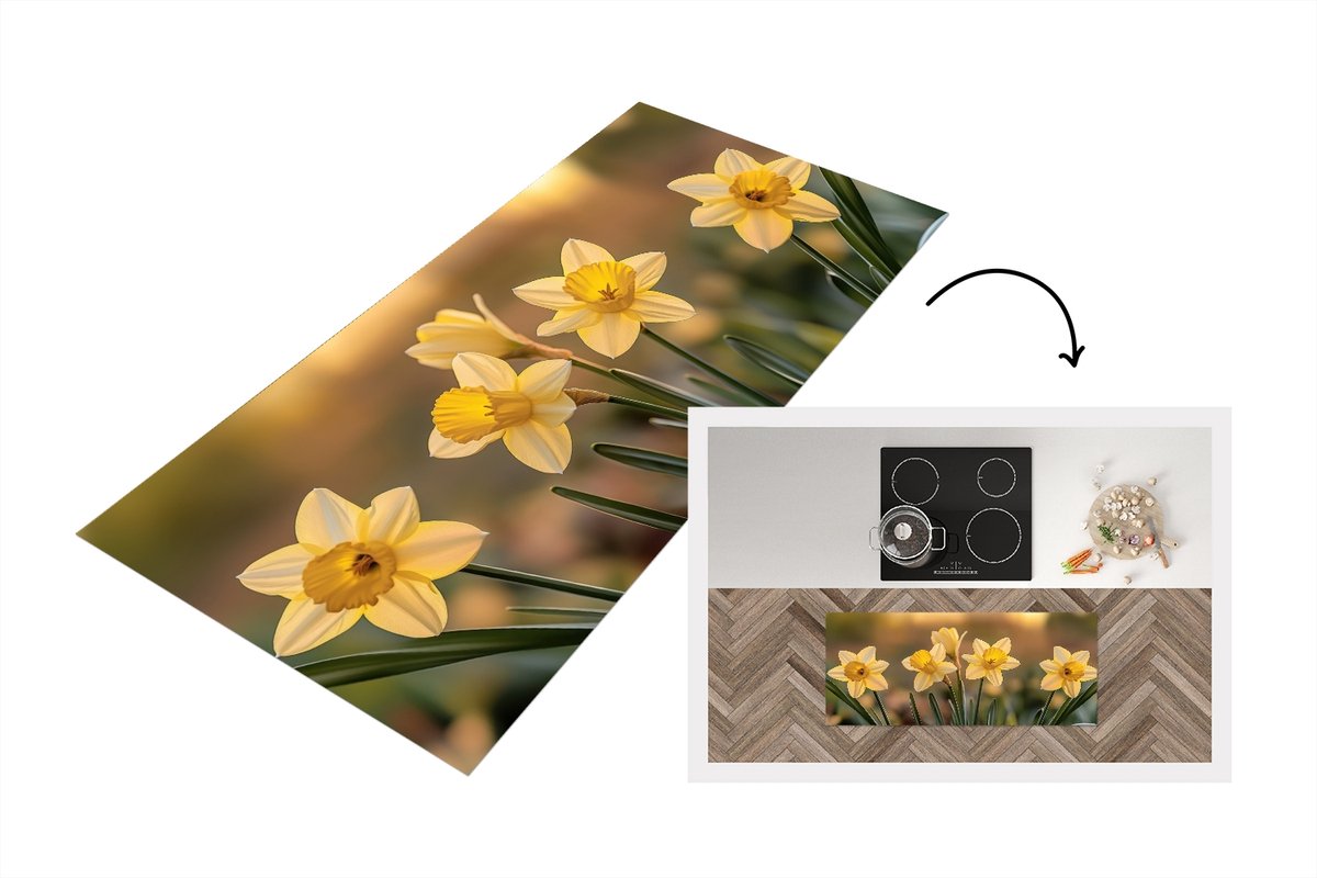 KitchenYeah Keukenloper 120x50 cm - Keukenmat vinyl Bloemen - Geel - Wazig - Keukenmatten loper - Keuken vloerkleed tapijt Narcissen