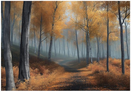 Une forêt brumeuse aux feuilles d'automne dorées et un chemin sinueux.