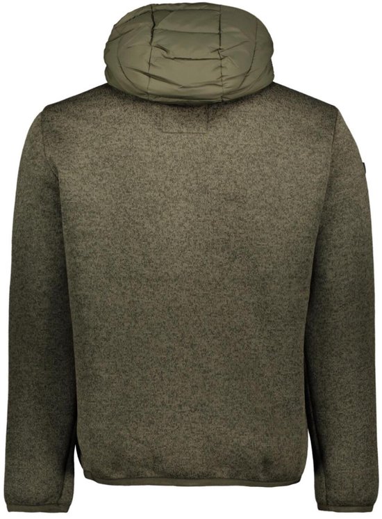 Achterkant van een groene Superdry jas met gewatteerde capuchon, gebreide body en mouwen. Logo op de linkermouw.