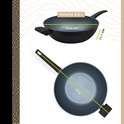 Afmetingen van een zwarte wokpan. Volume 5,8 liter, diameter 32,8 cm, hoogte 11,1 cm.