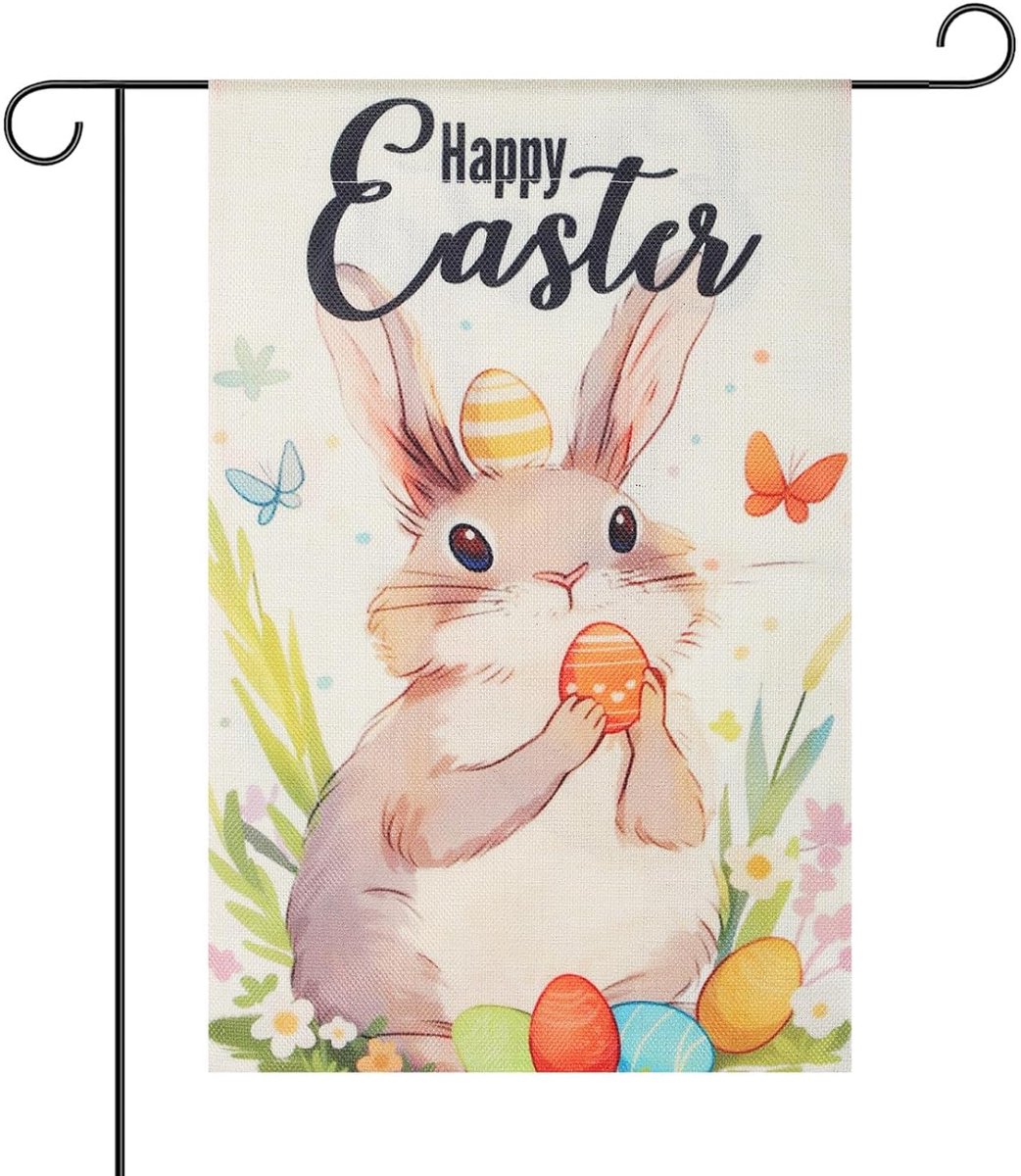 Easter Day Tuinvlag - 45x30cm - Happy Easter Bunny - Dubbelzijdige Konijn Bloem Tuinvlag voor Tuin - Patio - Buiten - Paasdecoratie